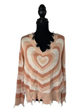 no comment Heart Pattern Fringed Sweater Pink White M Coquette Y2K Cozy